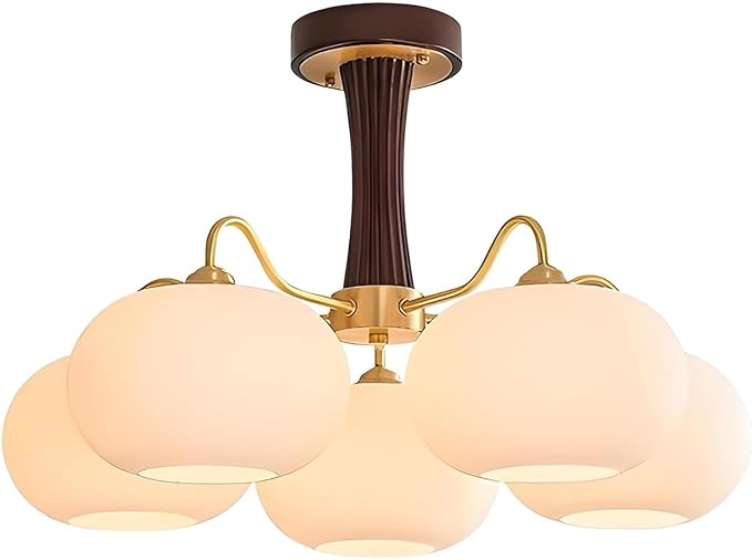 Vintage Flush Mount Ceiling Light 28" Large Semi Flush Mount Ceiling Light with 5-Light,Gold & Wood Design,Glass Lampshade,Ideal for Kitchen Bedroom Farmhouse