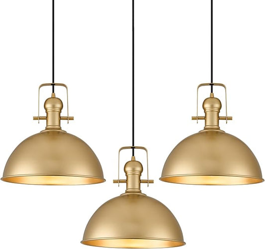 12 Inch Gold Farmhouse Pendant Lights Matte Pendant Lights for Kitchen Island Industrial Adjustable Height Vintage Dome Hanging Light Fixtures for Barn, Dining Room 3 Packs