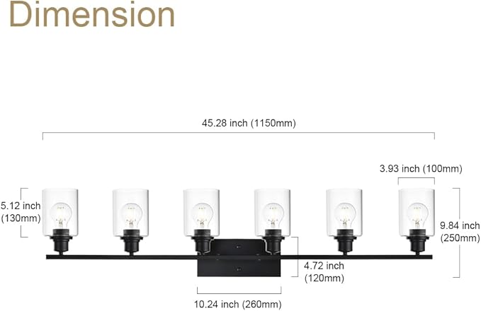 VINLUZ Bathroom Vanity Light Fixtures,6 Light Matte Black Modern Metal Base Wall Sconce Lighting with Clear Glass Shade Wall Mounted Lamp for Mirror