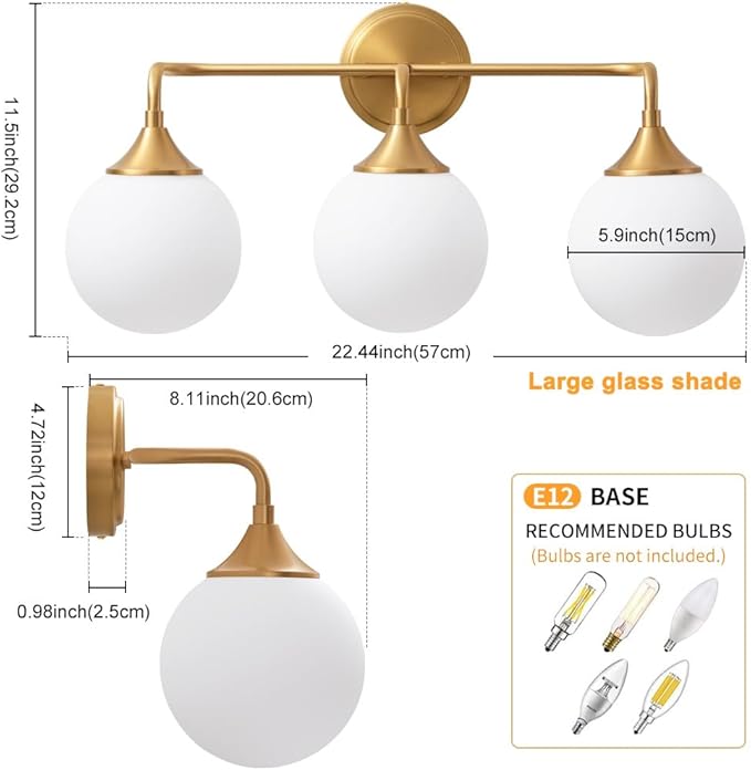 Gold Bathroom Light Fixtures, Modern Vanity Lighting Over Mirror, Mid Century Brushed Brass Wall Sconce 3-Light with Milky White Glass Ball Shades