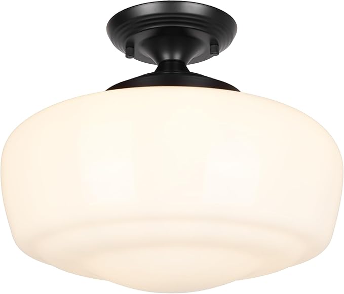 Large Schoolhouse Style Semi Flush Mount Ceiling Light Fixture, 14" Modern Hallway Ceiling Lamp with Opal Milk Glass Shade, Farmhouse Globe Light for Bedroom Kitchen Hallway Entryway Laundry