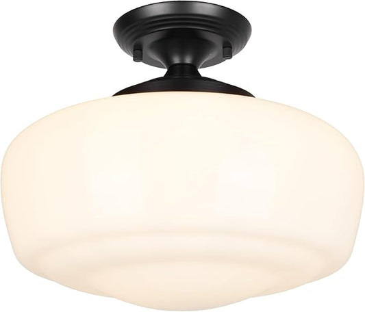 Large Schoolhouse Style Semi Flush Mount Ceiling Light Fixture, 14" Modern Hallway Ceiling Lamp with Opal Milk Glass Shade, Farmhouse Globe Light for Bedroom Kitchen Hallway Entryway Laundry