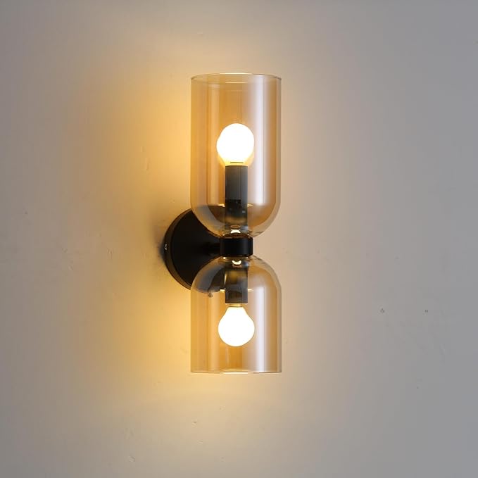 Modern Glass Wall Sconces- Double Head Wall Lighting with Long Short Glass Shades- Bathroom Vanity Light Mid-Century Up Down Hardwired Wall Lamp Indoor for Bedroom Hallway Living (Black-Amber)