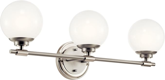 Kichler Benno 3-Light Bathroom Vanity Light Fixture, Modern LED Light with Opal Glass in Polished Nickel and Brushed Nickel, for Bathroom or Powder Room (8.75" x 24.5"), 55172PN