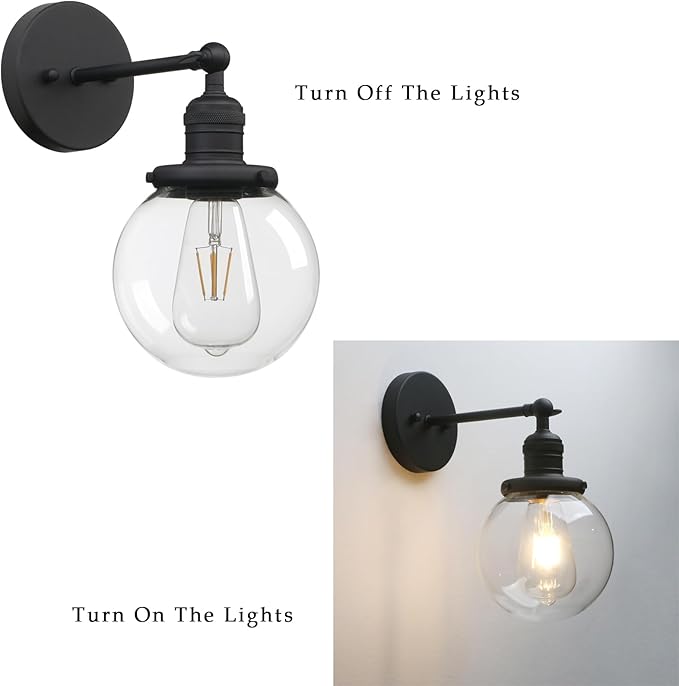 Phansthy 1-Light Wall Sconce, Brass Boho Bathroom Vanity Light, Modern Wall Light with Globe Glass Shade E26 Base, Adjustable Wall Lighting Fixtures for Bedroom, Living Room (Black, Clear Shade)