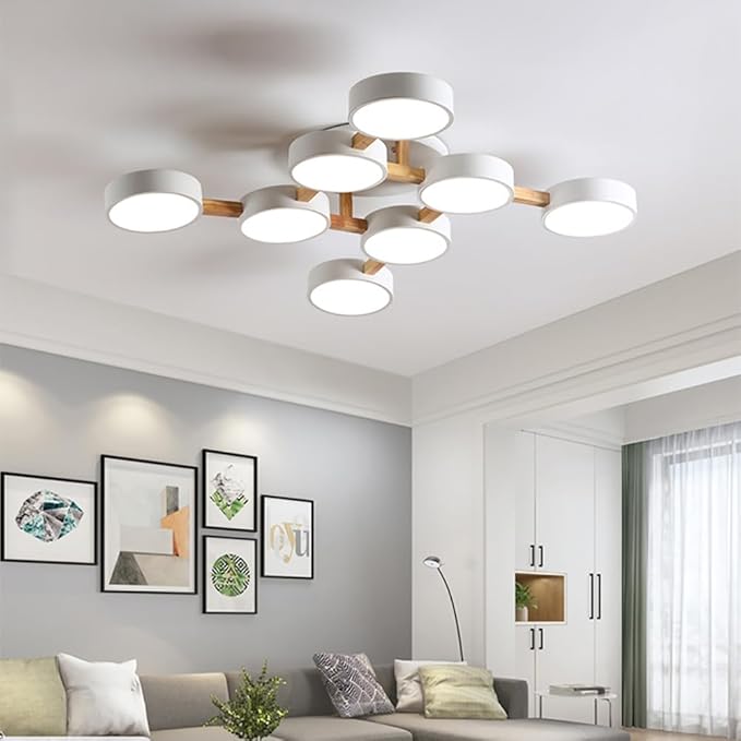 LED Ceiling Light Fixture,44 Inch 8-Lights Modern Ceiling Lights Flush Mount Wooden 96W Chandelier for Living Room Bedroom Kitchen,Dimmable 3000K/4000K/6000K Temperatures Selectable, White