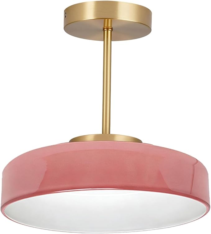 Pink Light Fixture Mid Century Modern Semi Flush Mount Ceiling Light 13.8 Inch Round Dome Glass Shade Brushed Gold Brass Close to Ceiling Lights Hallway Bedroom Overhead Lighting