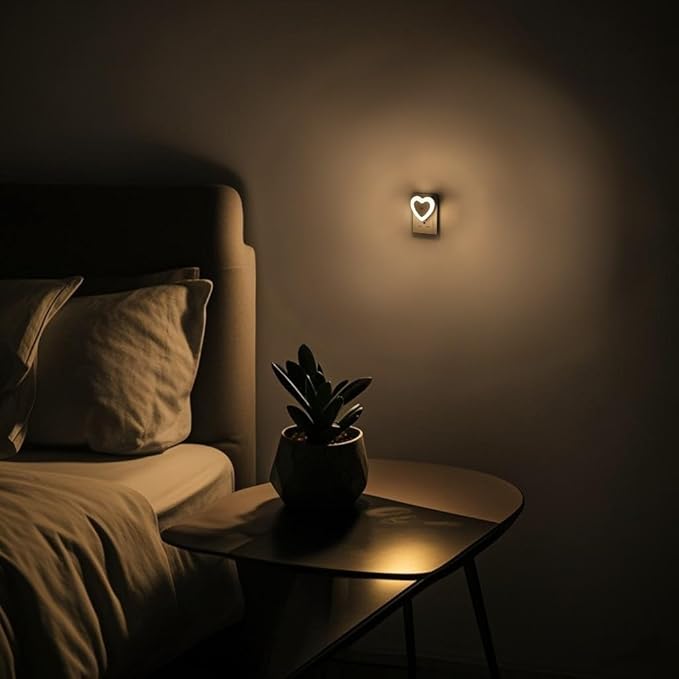 LED Night Lights Plug in(2-Pack), Dusk to Dawn Sensor Auto-On/Off, Heart Shaped Nightlight 0.5W for Bedroom, Bathroom, Kids Room, Hallway, Toilet(Warm White)