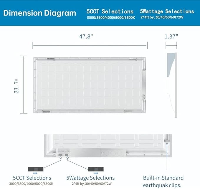 4 Pack 2x4 LED Flat Panel Light for Drop Ceiling, 9360lm Selectable 30W/40W/50W/60W/72W, Color Temperature 3000K/3500K/4000K/5000K/6500K, 0-10V Dimmable, 120-277V, ETL,DLC