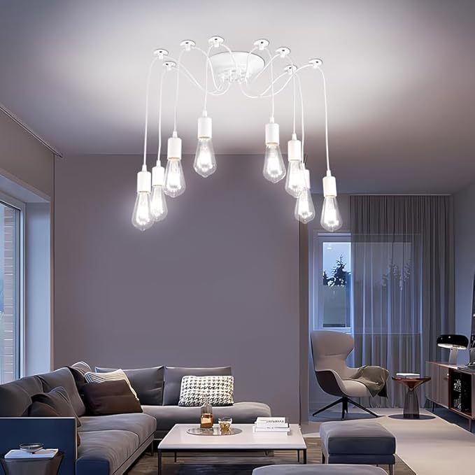 Finktonglan 8-Light Spider Pendant Chandelier, Adjustable 48.4" Cords, E26 Sockets, White Modern Farmhouse Multi-Light Ceiling Fixture for Kitchen Island, Dining Room & Entryway
