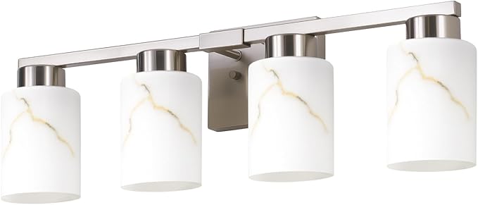 4-Light Bathroom Light Fixtures, Modern Vanity Lights, Brushed Nickel Metal Wall Lamp with White Marble Glass for Bathroom, Mirror, Living Room, Bedroom, Cabinet, Porch, Hallway, E26 Base