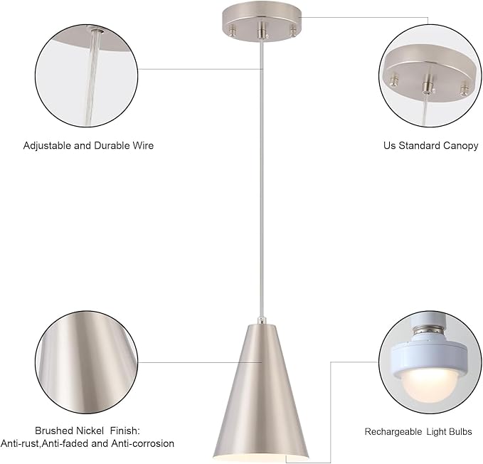 Dijiahua Brushed Nickel Battery Operated Pendant Lights Kitchen Island 3 Pack with Remote Control,Modern Wireless Rechargeable RGB Color Temperatures Hanging Lamp Fixtures with Silver Metal Shade