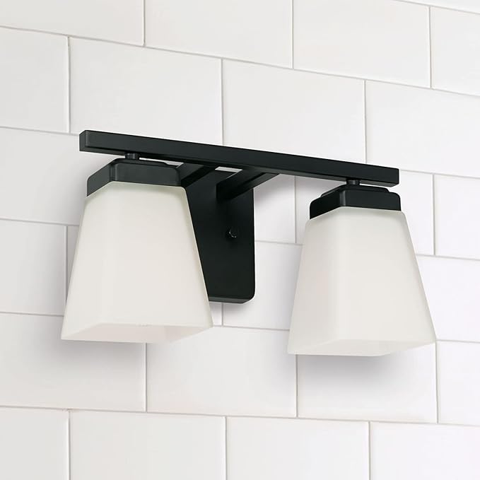 HomePlace Lighting 114421MB-334 Baxley Modern Soft White Glass Bathroom Vanity Wall Light, 2-Light 200 Total Watts, 7" H x 13" W, Matte Black