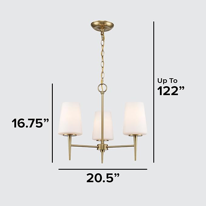 Montgomery 3-Light Chandelier | Brushed Gold Finish with White Frosted Glass Shade | Adjustable Hanging Height to 82.75" | Uses E26 Medium Base Bulb (Gold, Chandelier)