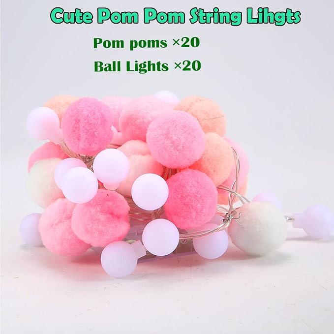 ChiRee Indoor String Lights 6.56 Feet Pom Poms Fairy 20 LED Battery Operated Ball Warm White Globe Colorful Decor for Home Bedroom Kids Playhouse Holiday Christmas