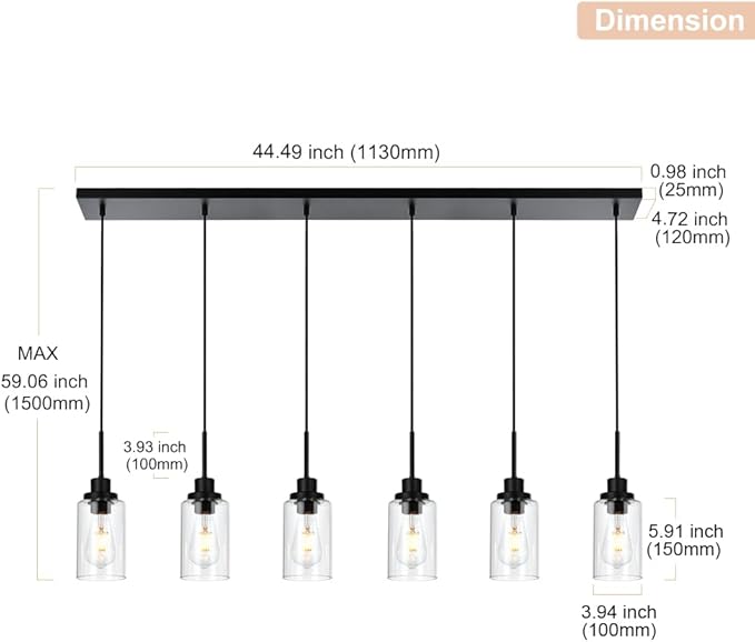 6-Lights Pendant Light Fixtures Ceiling, Modern Black Adjustable Hanging Lamp with Clear Glass Shades, Dining Room Kitchen Island Lighting E26 Bulb Base