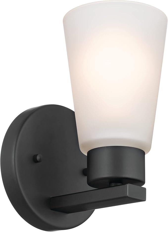 Kichler Stamos Wall Sconce 1-Light with Satin Etched Glass, Modern Bathroom or Hallway Light in Black, (8" H x 5" W x 6" D)