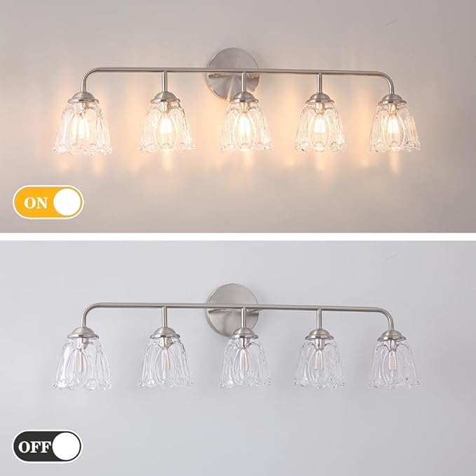 Daunton Vintage Vanity Light for Bathroom, Elegant Vanity Light with Flower Glass Shade, Brushed Nickel 5-Light Bathroom Lighting Fixtures Over Mirror, Wall Sconce Lighting for Bedroom, Living Room