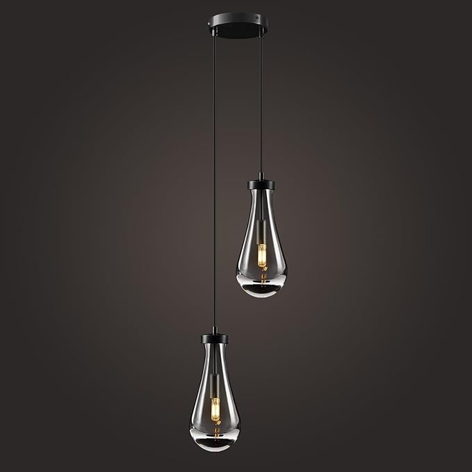 Raindrop Pendant Lights Kitchen Island: 2-Lights Black Crystal Teardrop Adjustable Height Pendant Light Fixtures over Dining Table - Modern Glass Rain Drop Ceiling Chandelier Bedroom Bathroom Lighting