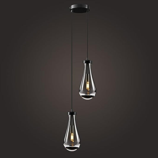 Raindrop Pendant Lights Kitchen Island: 2-Lights Black Crystal Teardrop Adjustable Height Pendant Light Fixtures over Dining Table - Modern Glass Rain Drop Ceiling Chandelier Bedroom Bathroom Lighting