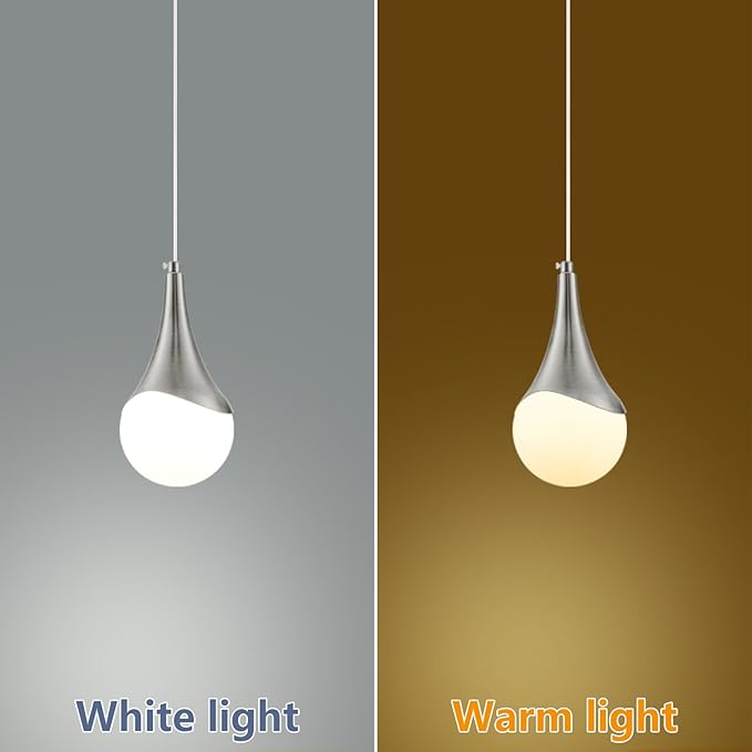 MWZ Brushed Nickel Plug in Pendant Light,Hanging Lights with On/Off Switch Cord,Mini Silver Pendant Lights for Kitchen Island,1-Light Modern Raindrop Chandelier Lamps with White Globe Glass Shade