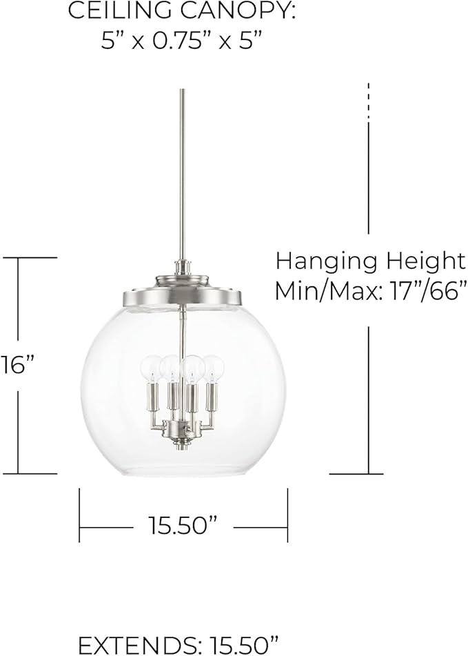 Capital Lighting 321142PN Mid-Century Retro/Vintage Globe Clear Glass Pendant, 4-Light 240 Total Watts, 16" H x 16" W, Polished Nickel