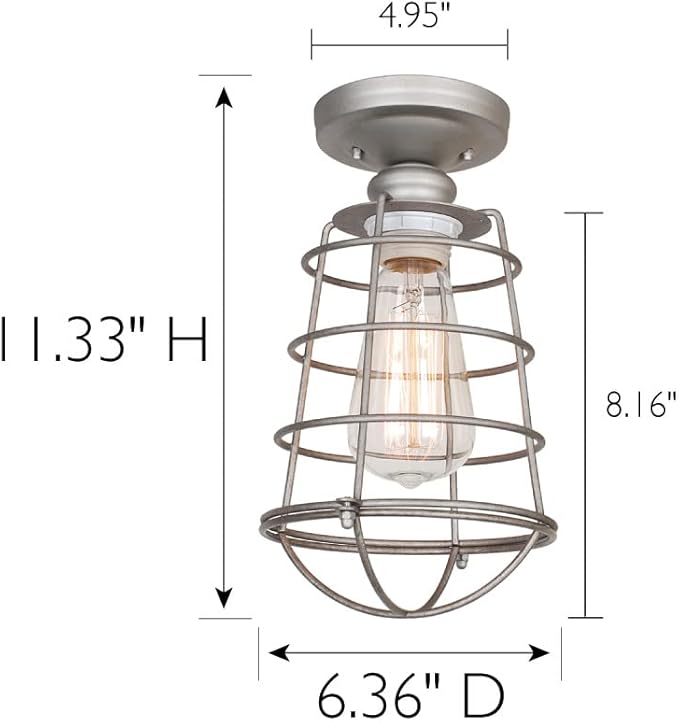Design House 519686 Ajax Industrial Modern 1-Light Indoor Ceiling Mount Light with Metal Wire Cage for Hallway Foyer Closet, Galvanized Steel