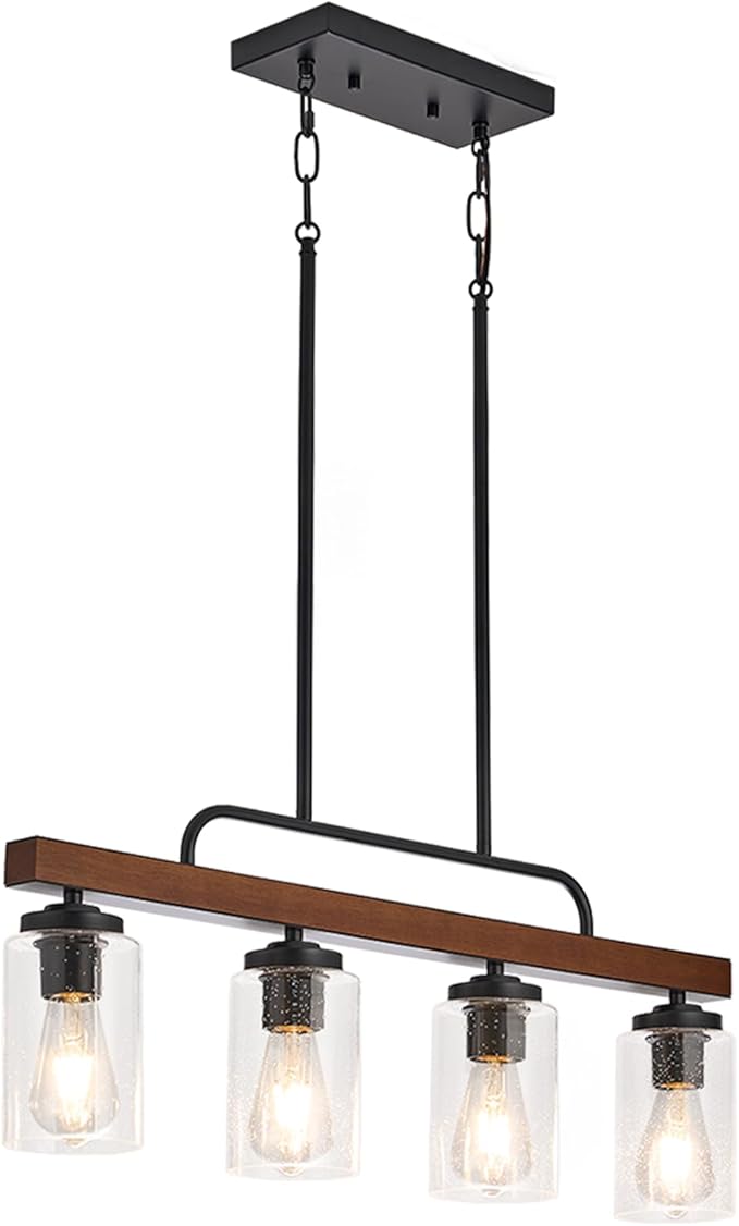 Farmhouse Dining Room Light Fixture, 4-Light Wood Kitchen Island Lighting, Industrial Chandeliers for Dining Room Over Table Black Pendant Light with Seeded Glass Shade for Bar Restaurant