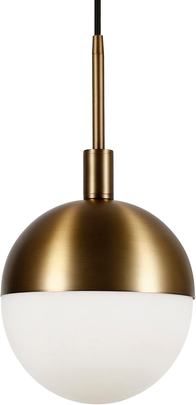 Henn&Hart 8" Modern Pendant Light Fixture with White Milk Glass Globe Shade and 8' Adjustable Cord for Kitchen Island, Dining Room or Game Room, Gold