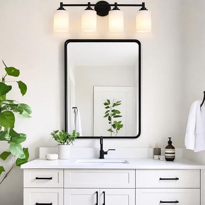4-Light Bathroom Light Fixtures,Matte Black Bathroom Vanity Light Over Mirror with Cream White Glass Shade,Modern Farmhouse Wall Sconces Lighting for Bedroom Cabinet Kitchen Living Room