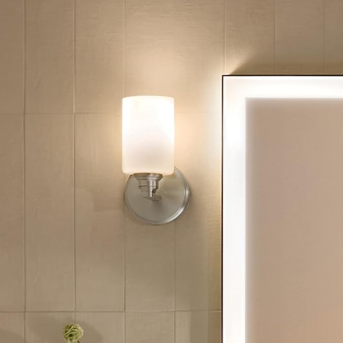 Kichler Gioe 5" 1-Light Wall Sconce with Opal Glass in Brushed Nickel, Damp Rated, for Powder Room, Bathroom, Kitchen, Hallway, Bedroom, Fireplace, (5" W x 9.5" H), 55224NI