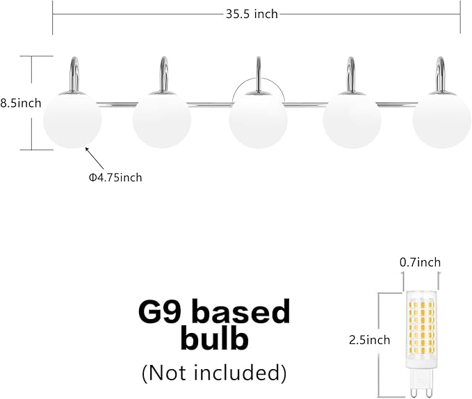 Chrome Mid Century Modern Bathroom Vanity Lights - 5-Light Wall Sconces with Frosted Milk Glass Globes