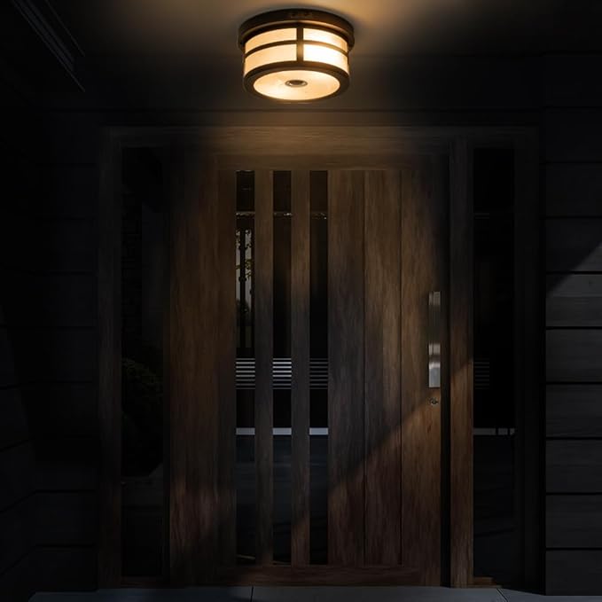 Motion Sensor Outdoor Ceiling Light, Flush Mount Front Porch Light with Adjustable Sensor 2-Light Black Outdoor Light Fixture Ceiling Mount with Frosted Glass for Garage, Patio