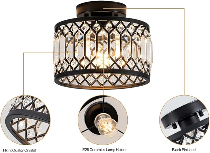 Crystal Ceiling Light, Black Flush Mount Ceiling Light Fixture, Flush Mount Chandelier, light Fixture for Hallway, Entryway, Bathroom; Laundry Room, Kitchen, 1 light, 9 Inch (Bulb NOT included)