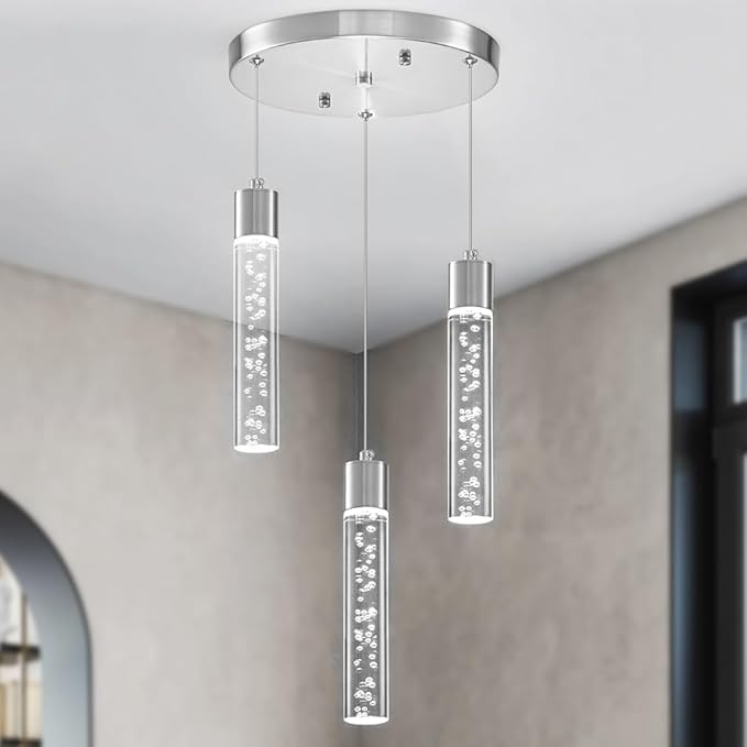 Pendant Lights Kitchen Island, 3-Light Brushed Nickel Cluster Pendant Light Fixtures, LED 6000K Kitchen Island Lights, Modern Hanging Light Fixture, Pendant Lighting for Dining Room Living Room