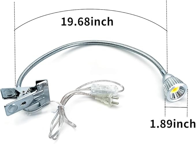 QUANS 5W 3 Colors LED COB Clip on Light Silver 19.68 INCH 50 CM Tube Desk Flexible Table Bed Lamp Work Home Design Lighting 110V 220V 85V - 265V AC with US Plug Switch on Off 500LM (Silver)