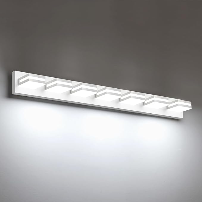 IZORRO LED Modern Bathroom Lights Fixtures(7-Light,Dimmable,360°Rotate),Matte White Acrylic Wall Lighting,Vanity Lights for Bathroom Over Mirror - 6000k 40In （No Assembly Required）