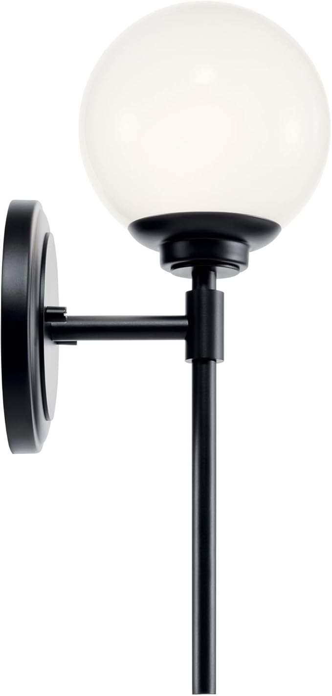 Kichler Benno 1-Light Wall Sconce, Modern Light with Opal Glass in Black, for Bathroom, Powder Room, Kitchen, Bedroom, or Hallway (13.75" x 5.25"), 55170BK