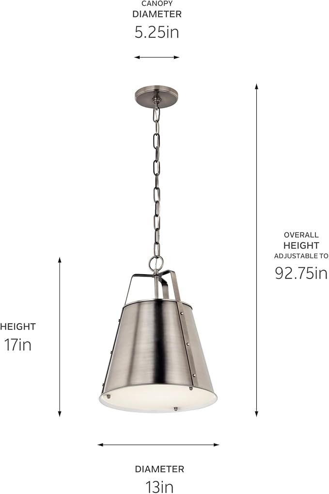Kichler Etcher 1-Light Pendant, Updated Traditional Light with Etched Painted White Glass Diffuser in Classic Pewter, for Kitchen or Dining Room (17" x 13"), 52710CLP