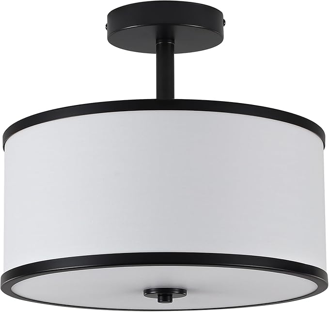 BUXVRCS Semi Flush Mount Ceiling Light Fixture, 3-Light Drum Lighting Fixtures, Hallway Light Fixture Ceiling Mount with Fabric Shade, Close to Ceiling Light for Bedroom Bathroom (Black)