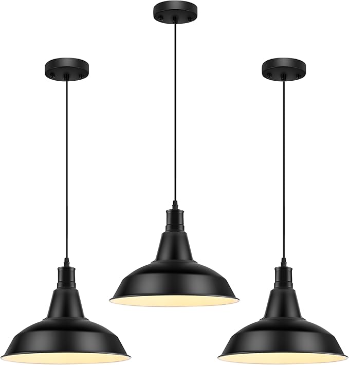 LOEHINLE Pendant Light Fixtures, 3Pcs Farmhouse Kitchen Island Lights Fixture, Industrial Hanging Pendant Lighting for Dining Room Bedroom, Black Metal Pendant Lamp, E26 Base, 12.2in