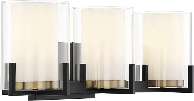 Savoy House 8-1977-3-143 Eaton Traditional Clear/White Opal Chimney Glass Bathroom Vanity, 3-Light 180 Total Watts, 8" H x 24" W, Matte Black & Warm Brass