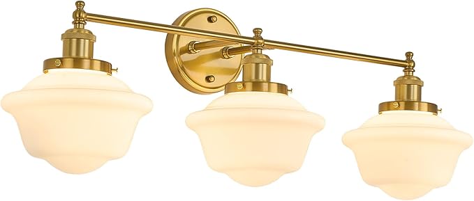 VitaLink 29.5" Bathroom Vanity Light, 3-Light Vintage Golden Bathroom Wall Light Fixtures Hardwired Milk White Glass Wall Sconces for Bedroom Living Room Hallways