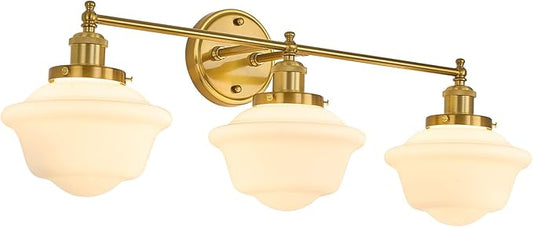 VitaLink 29.5" Bathroom Vanity Light, 3-Light Vintage Golden Bathroom Wall Light Fixtures Hardwired Milk White Glass Wall Sconces for Bedroom Living Room Hallways
