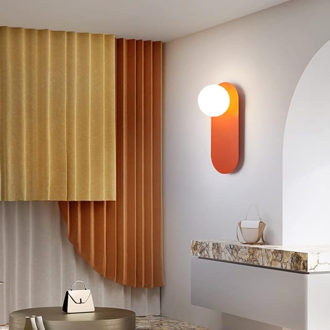 Glass Corridor Wall Mounted Lamp,Globe Light Fixture with Orange Background,Nordic Style Wall Sconce for Bedroom Kitchen and Hallway