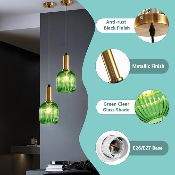 Stunning Green Striped Glass Pendant Light Fixture, 7.87", Bonus 2 A60 Bulbs Included, 2-Pack with Flexible Cords – Enchanting Addition to Kitchen Island, Bedroom Décor