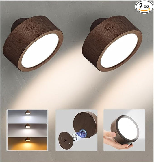 EZVALO LED Wall Mounted Light, 3000mAh Rechargeable Cordless Wall Sconce, Dimmable with Remote & Touch Control, 3 Color Temps, 360° Rotatable for Bedroom, Bedside, Reading(Walnut, 2Pack)