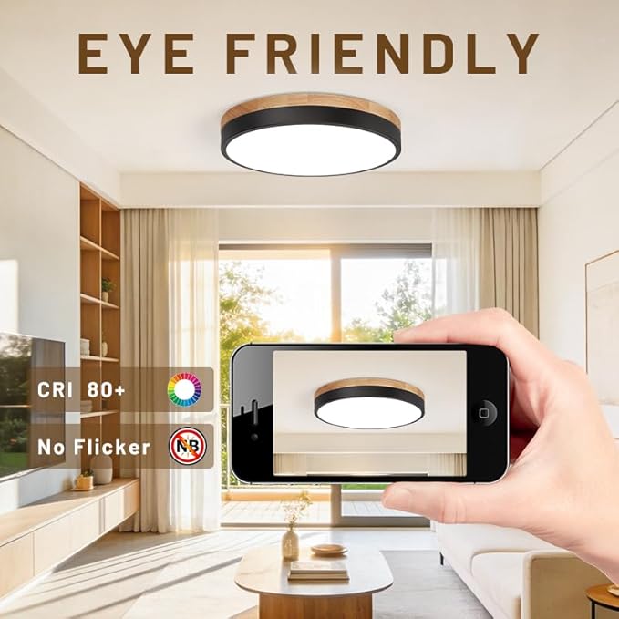 15.8 inch Wood LED Flush Mount Ceiling Light Fixture,42W 4200LM,3000K/3500K/4000K/5000K/6000K CCT Selectable,Close to Ceiling Dimmable Round Flat Panel Light for Bedroom,Hallway,Kitchen,Black