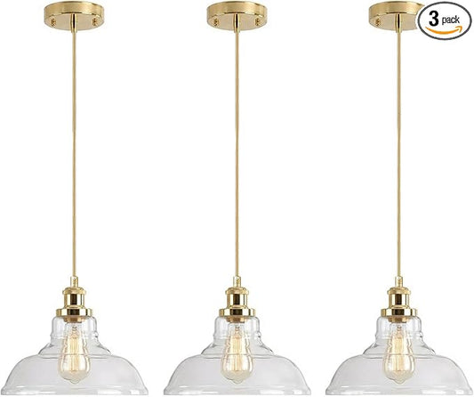 GLADFRESIT 3 Packs Industrial Pendant Lights, Vintage Hanging Light Over Table, Clear Dome Glass Lampshade, Golden Lamp Head and Base, Adjustable Hanging Height Lighting Fixtures.