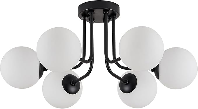 Modern Semi Flush Mount Ceiling Light 6-Light,Black White Glass Shade Semi Flush Mount Ceiling Light Sputnik Chandeliers for Bedroom Living Room Hallway Dining Room Lighting Fixture